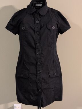 Black Button-Front Short Sleeve Shirt Dress
